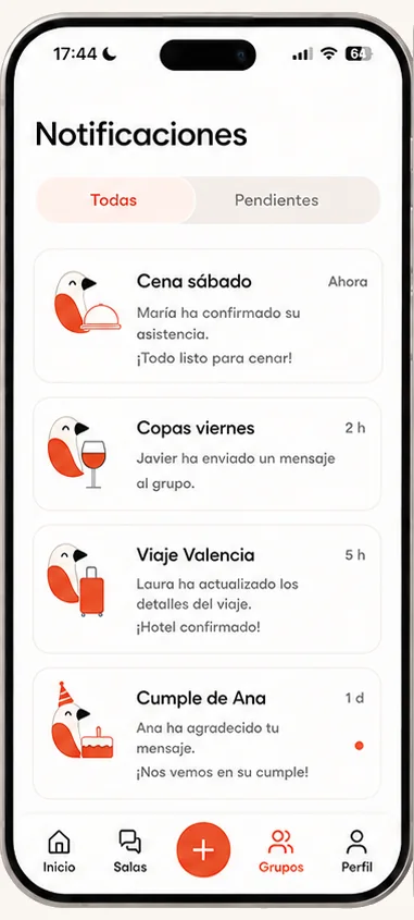 Pantalla de notificaciones de Biqo con tus grupos.