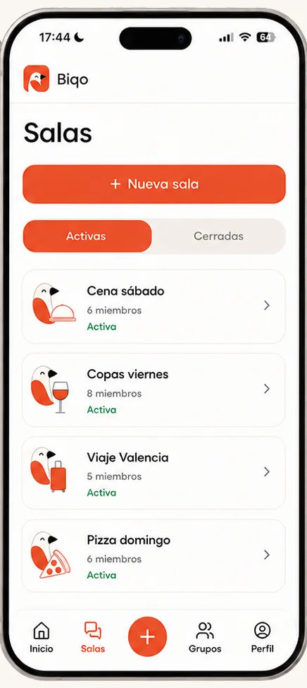 Pantalla de salas activas de Biqo.