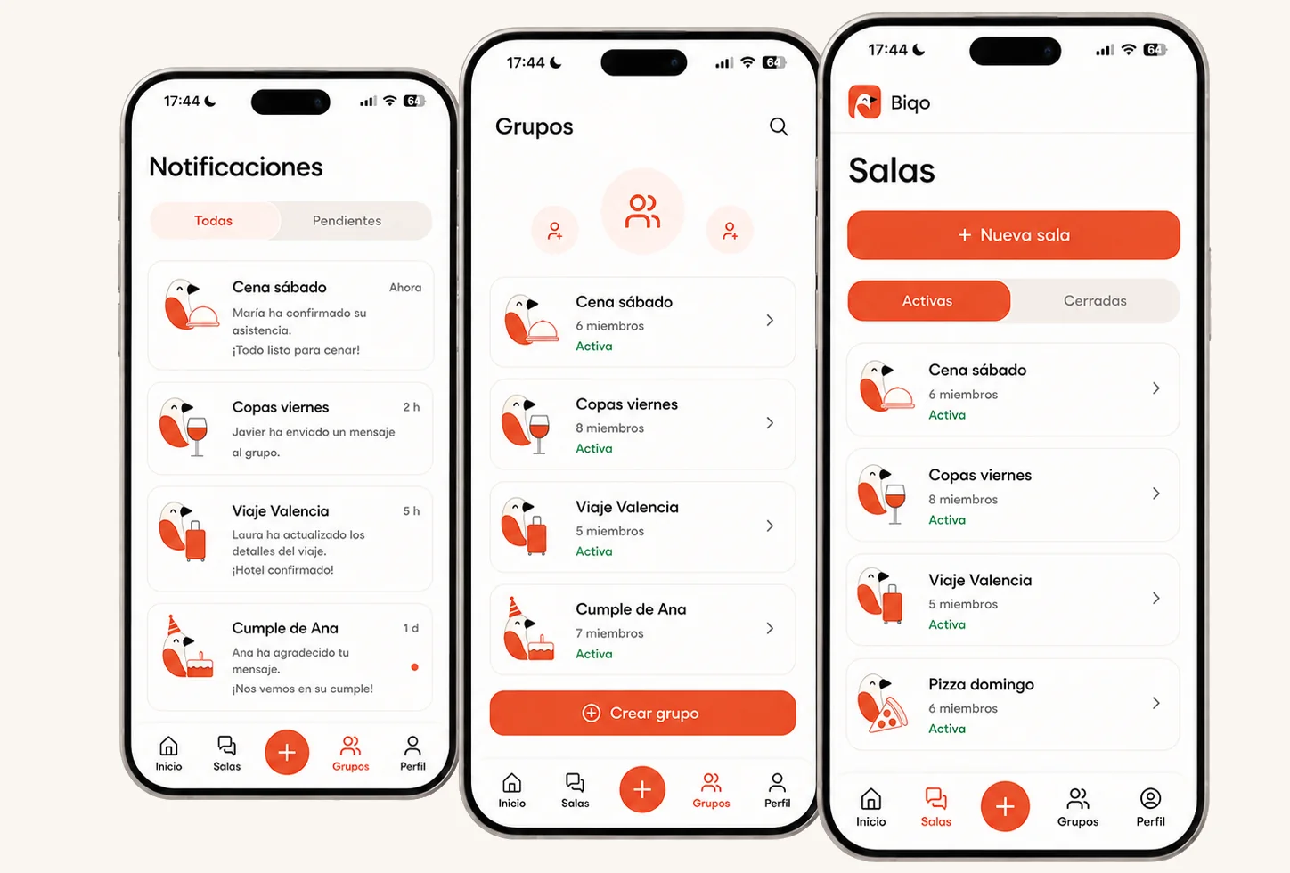 Tres pantallas de Biqo con cuenta: notificaciones de tus grupos, la lista de grupos y la lista de salas activas.