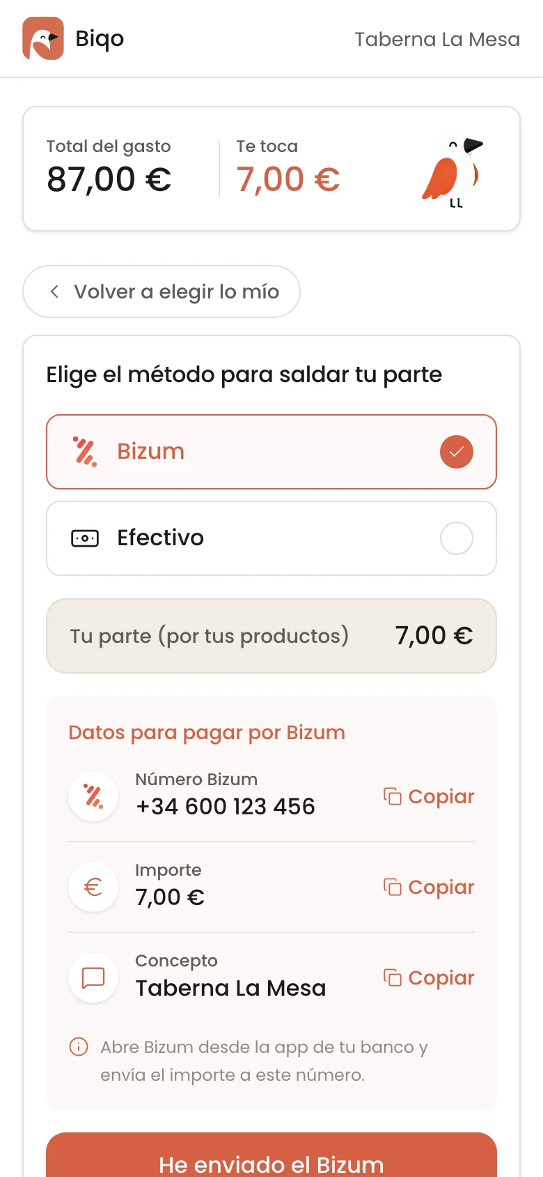 Importe, número y concepto preparados para pagar por Bizum
