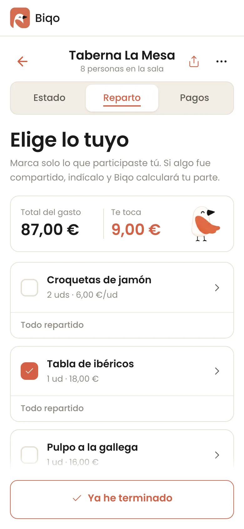 Pantalla real de Biqo con el reparto por productos