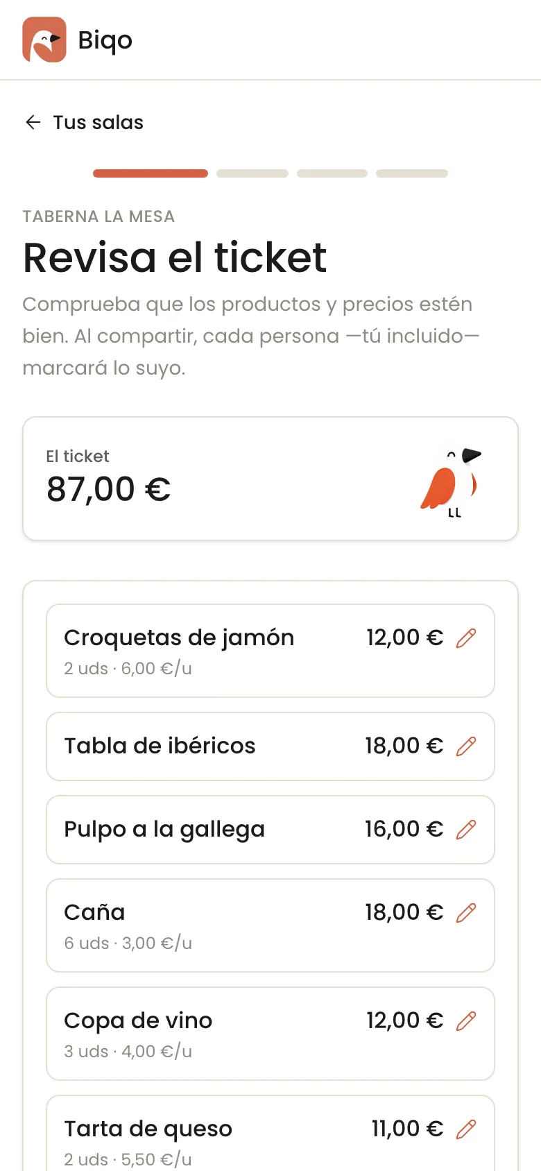 Pantalla real de Biqo para revisar el ticket
