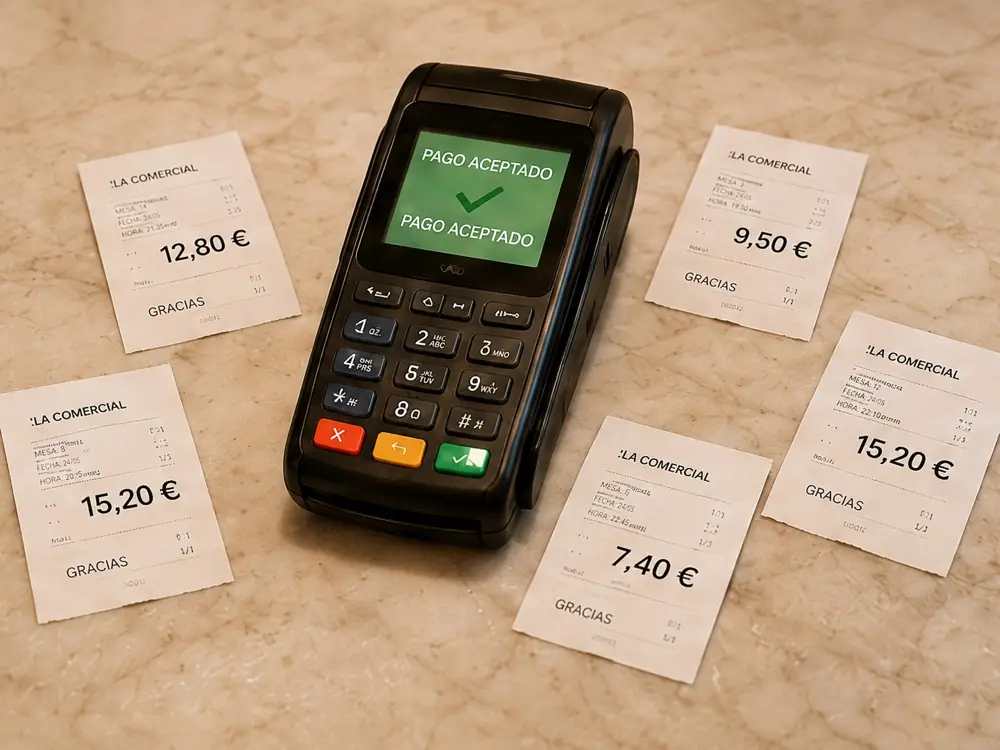 Datáfono rodeado de varios tickets