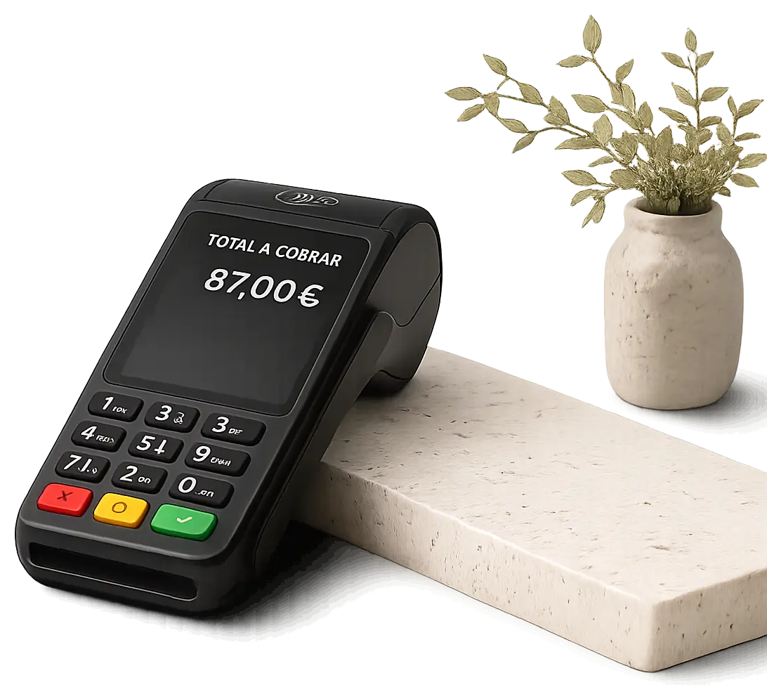 Datáfono del restaurante listo para cobrar la cuenta total sobre una base de piedra