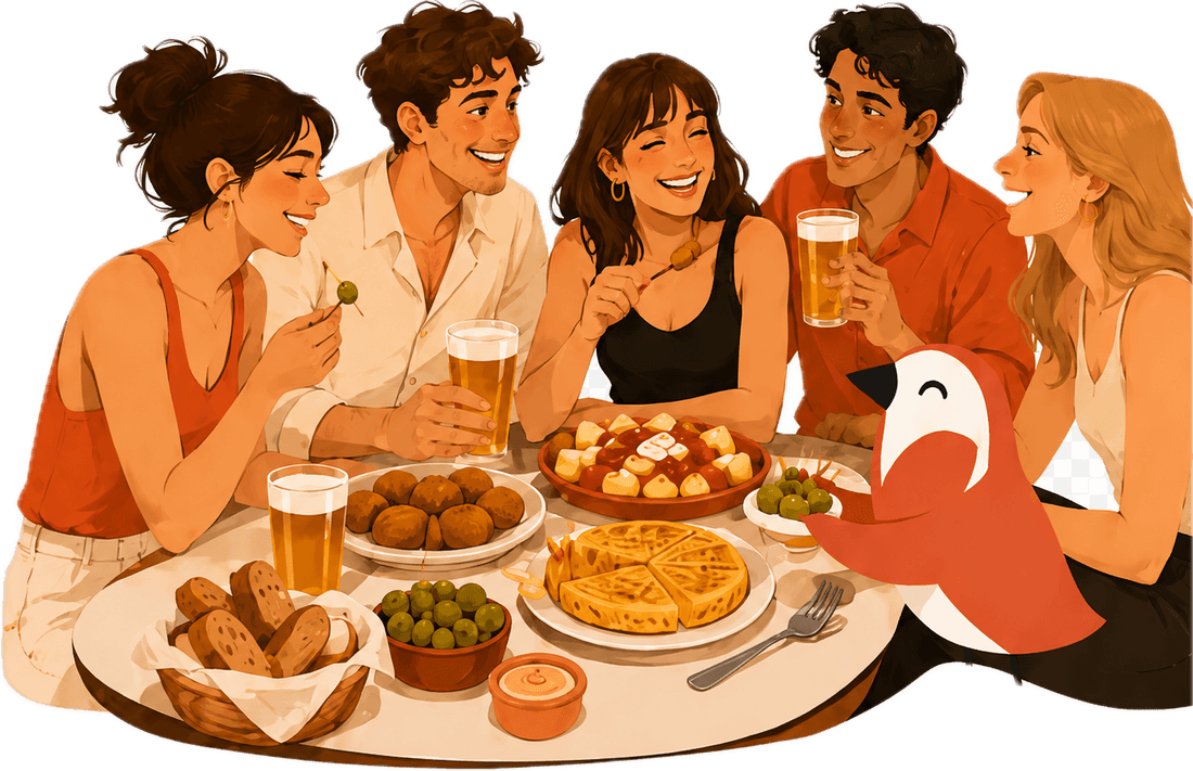 Grupo de amigos compartiendo tapas y cañas en una mesa, con el pájaro de Biqo.