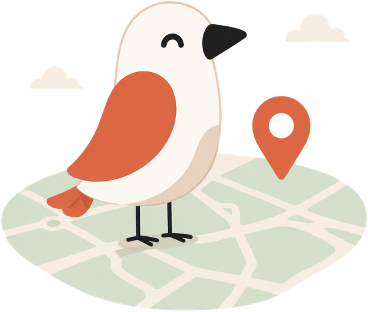 Pajarito de Biqo con un pin de ubicación sobre una isla con mapa