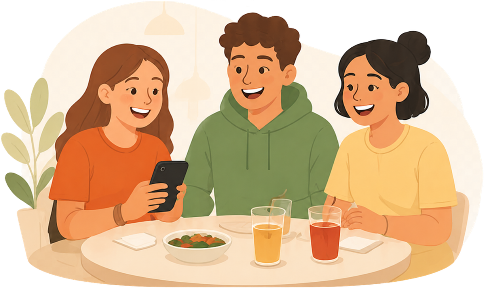 Tres amigos riendo en un restaurante, mirando un móvil que muestra Biqo