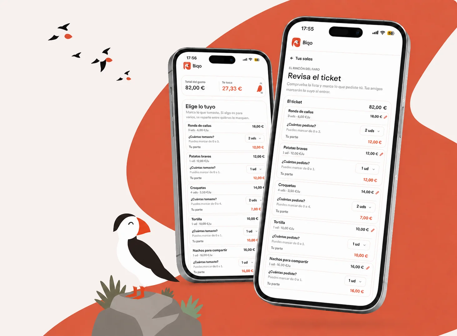 Dos móviles con la app de Biqo repartiendo una cuenta (total 82 €, tu parte 27,33 €) y revisando el ticket; junto a ellos un frailecillo sobre una roca y pájaros volando.