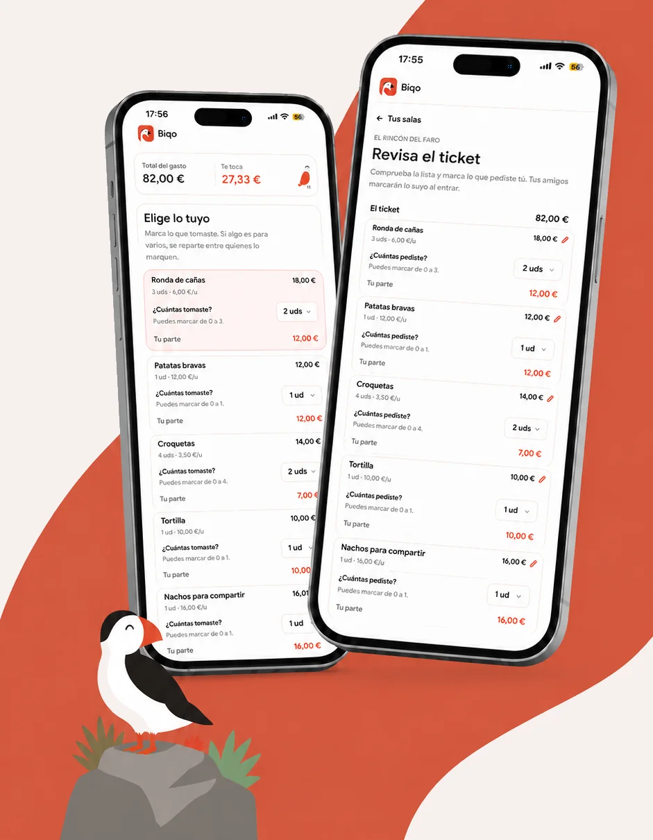 Dos móviles con la app de Biqo repartiendo una cuenta (total 82 €, tu parte 27,33 €) y revisando el ticket; junto a ellos un frailecillo sobre una roca.
