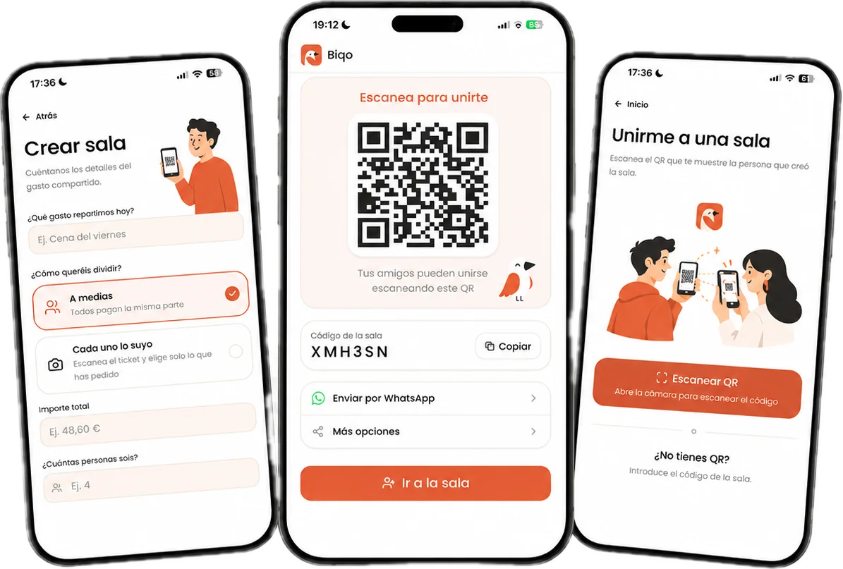 Tres pantallas de Biqo: crear una sala con el importe y cómo dividir, el QR y el código para que el grupo se una, y la pantalla para unirse escaneando el QR.