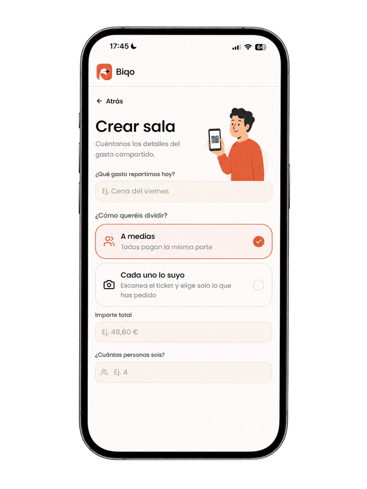 App de Biqo en el móvil de un cliente: pantalla «Crear sala» para repartir un gasto entre el grupo (a medias o cada uno lo suyo).