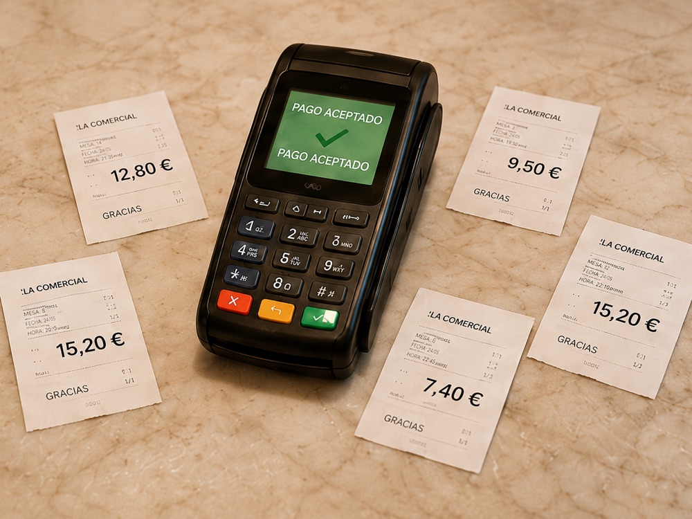 Datáfono sobre una mesa de mármol rodeado de varios tickets con importes distintos.
