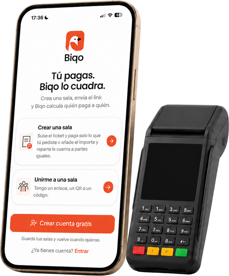 Móvil con la pantalla de inicio de Biqo («Tú pagas. Biqo lo cuadra.») junto a un datáfono: Biqo reparte la cuenta, el local cobra con su TPV de siempre.