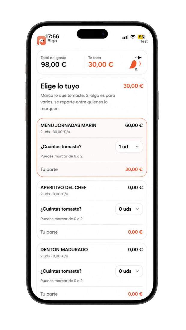 Móvil de un comensal con la pantalla «Elige lo tuyo» de Biqo: marca lo que ha tomado y ve su parte (30,00 € de 98,00 €).