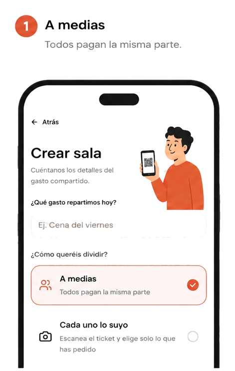 Modo «A medias»: todos pagan la misma parte, en la pantalla de crear sala.