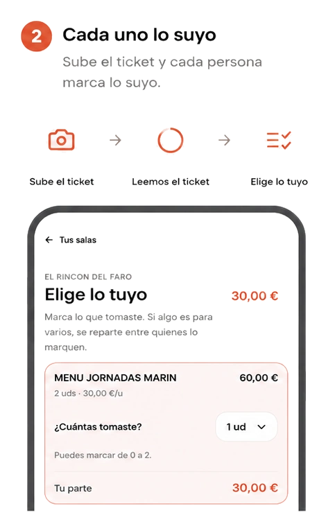 Modo «Cada uno lo suyo»: subes el ticket, Biqo lo lee y cada persona marca lo que tomó.