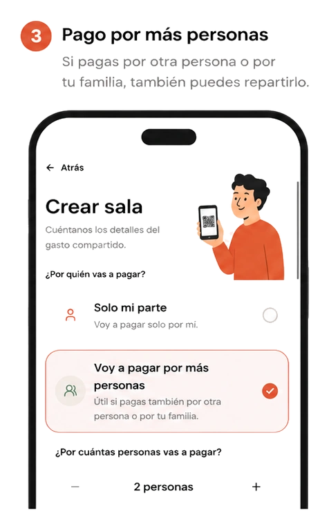 Modo «Pago por más personas»: eliges pagar por otra persona o por tu familia y por cuántas.