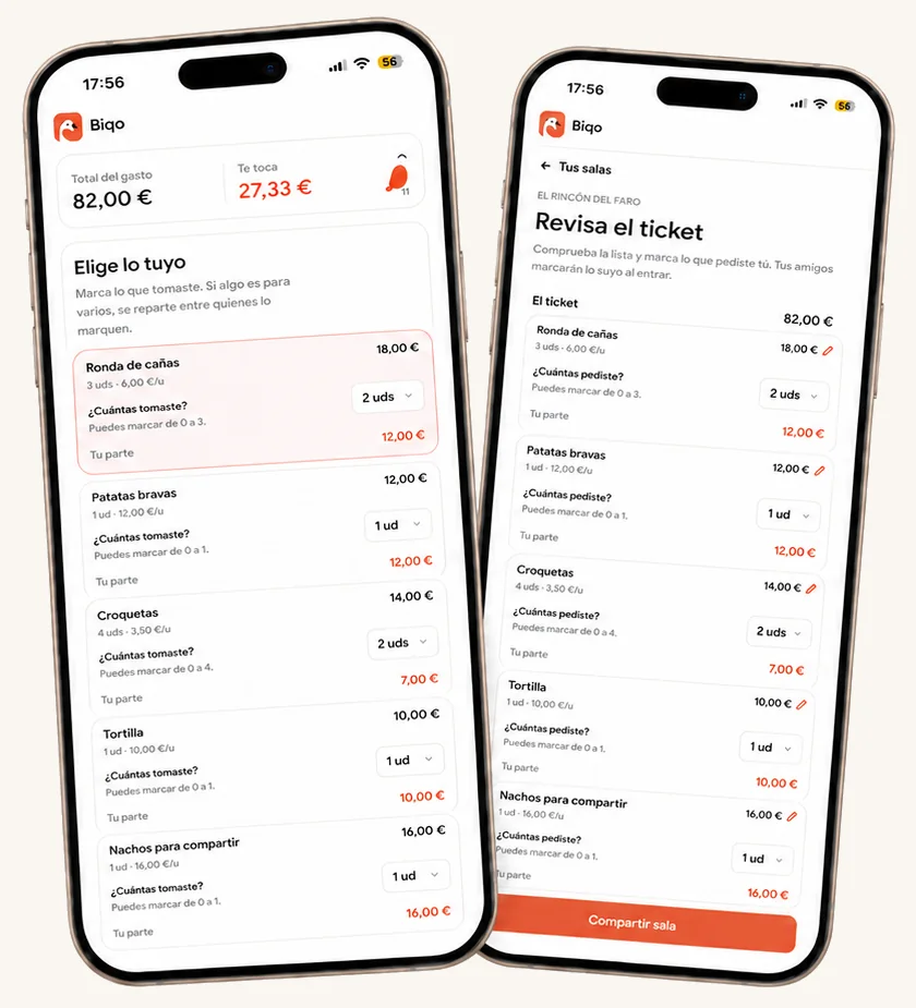 Dos pantallas de Biqo: revisar el ticket detectado línea a línea, y elegir lo que tomó cada uno para ver cuánto le toca pagar.